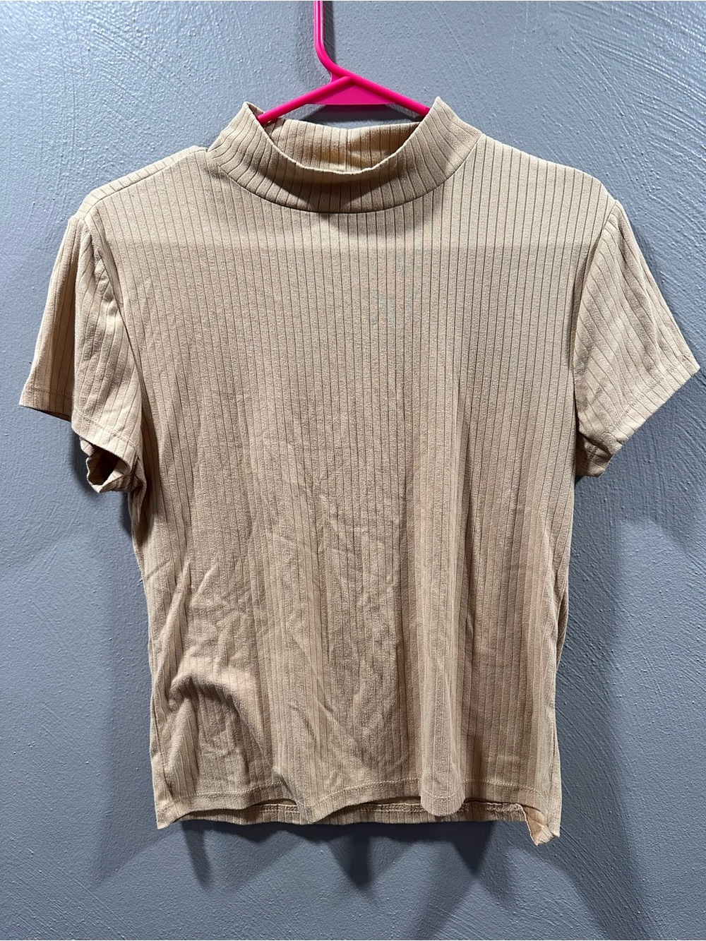 One Step Ahead Ribbed Short Sleeve Mock-Neck Tee - Beige